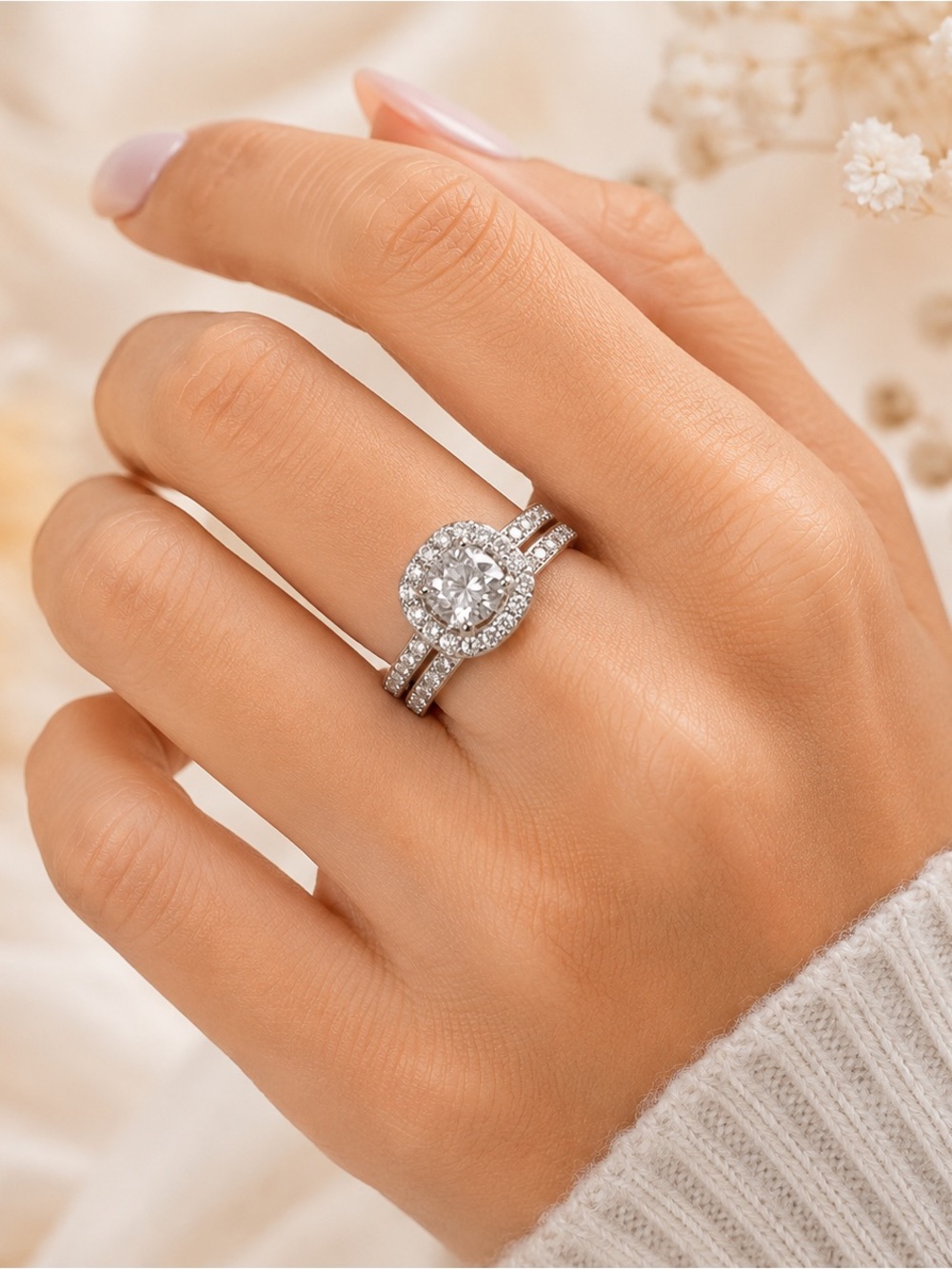White Gold Plated Halo Ring Set Size 7 Bridal Wedding Engagement New